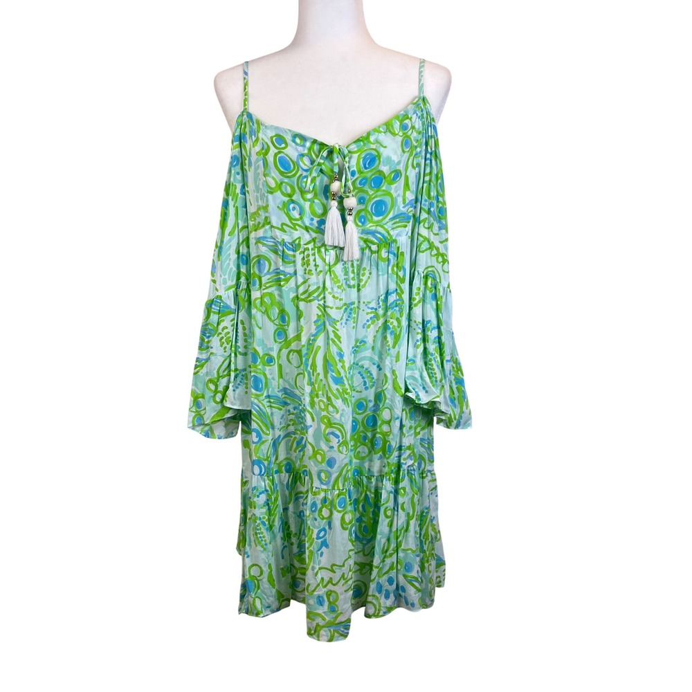 🌴 Lilly Pulitzer Cold-Shoulder Mini Dress in Aqua & Lime Print - Picture 2 of 8